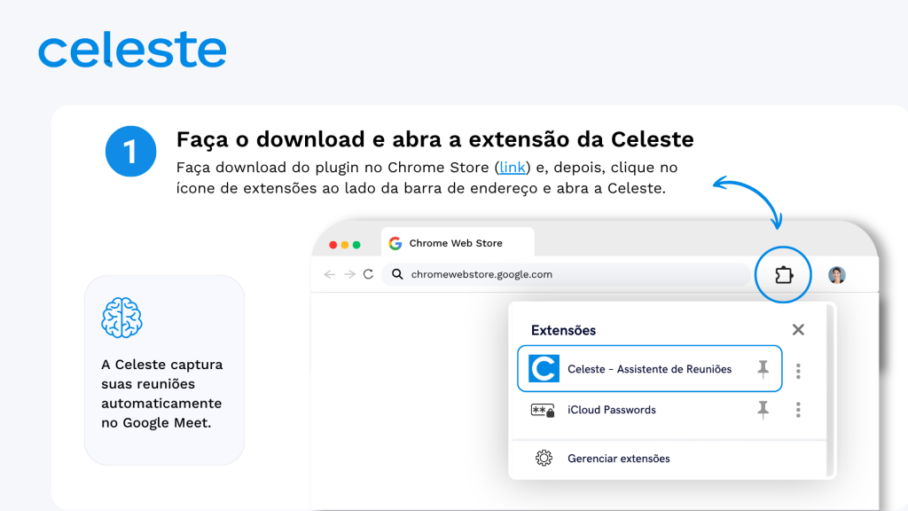 Faça o download e abra a extensão da Celeste AI